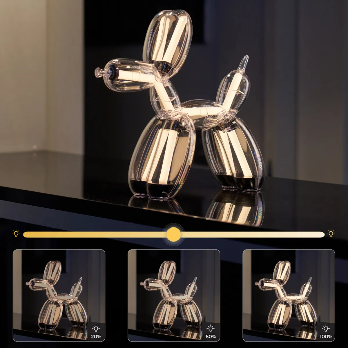 Illuminated Balloon Dog Lamp Chromatic in transparent gold polycarbonate, featuring integrated LED lighting and reflective sculptural form. Official Jeff Koons x Lexon collaboration, presented by Designooor Media and Academy. Written and edited by Hamed Mahzoon 